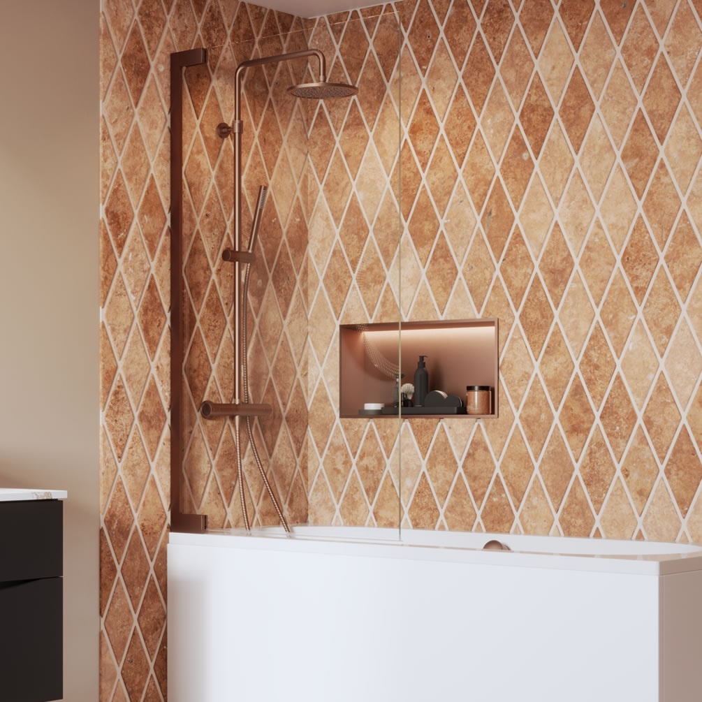 Lifestyle image of Crosswater Asura 8 Brushed Bronze Hinged Bath Screen